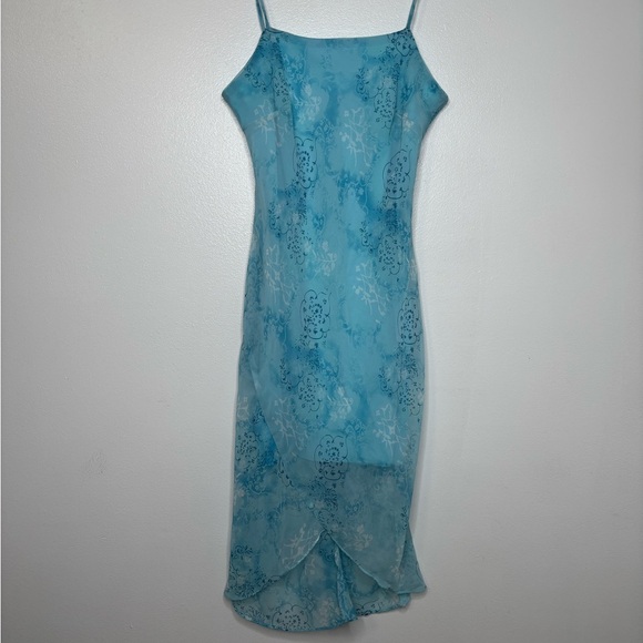 Forever 21 Vintage Blue Chiffon Slip Dress M Sheer Floral Y2K Tulip Hem USA - Picture 2 of 8